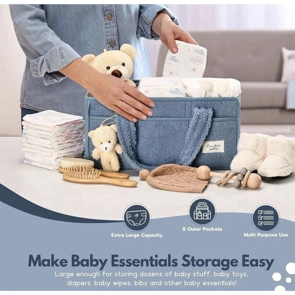 PeraBella Diaper Caddy Organizer Basket with Handle Blue Baby Nursery